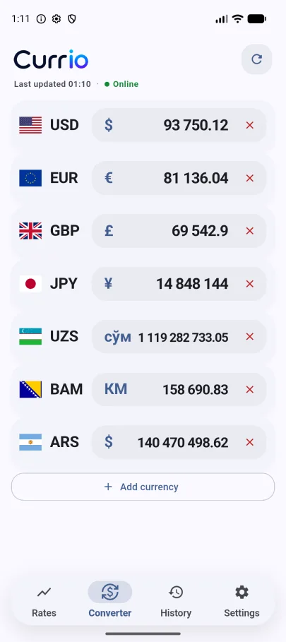 Currio multi-currency converter screen