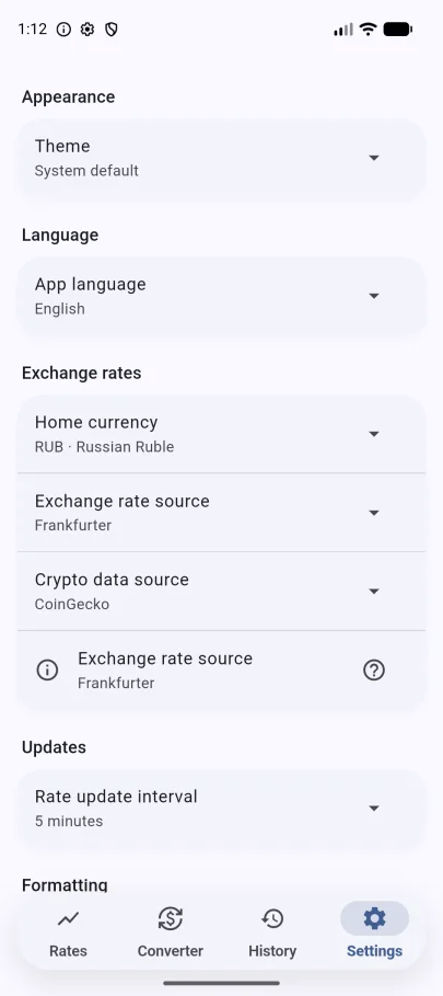 Currio settings screen